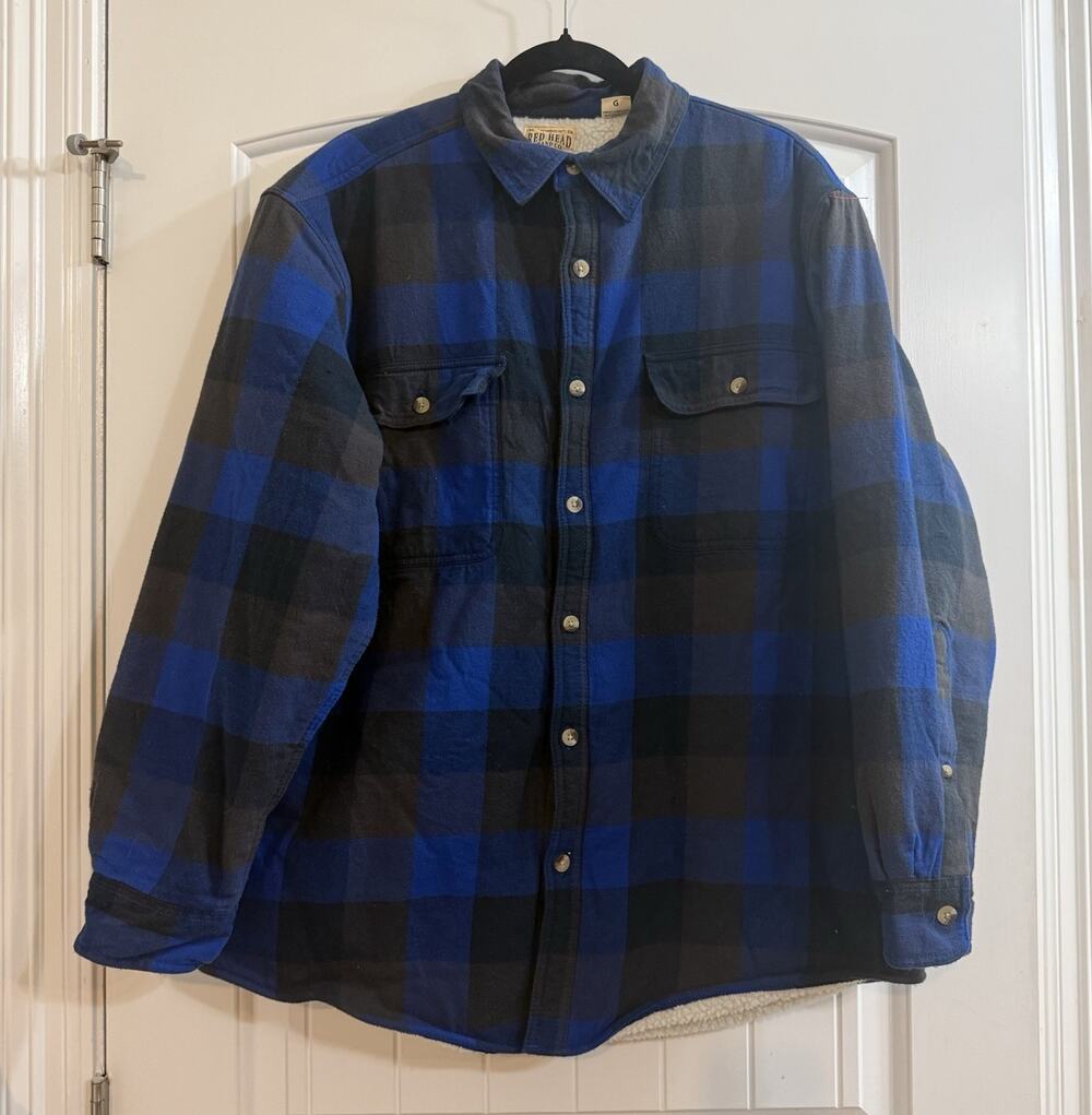 RedHead Men’s L Blue/Black Plaid Sherpa Lined Button Shacket Jacket Pockets